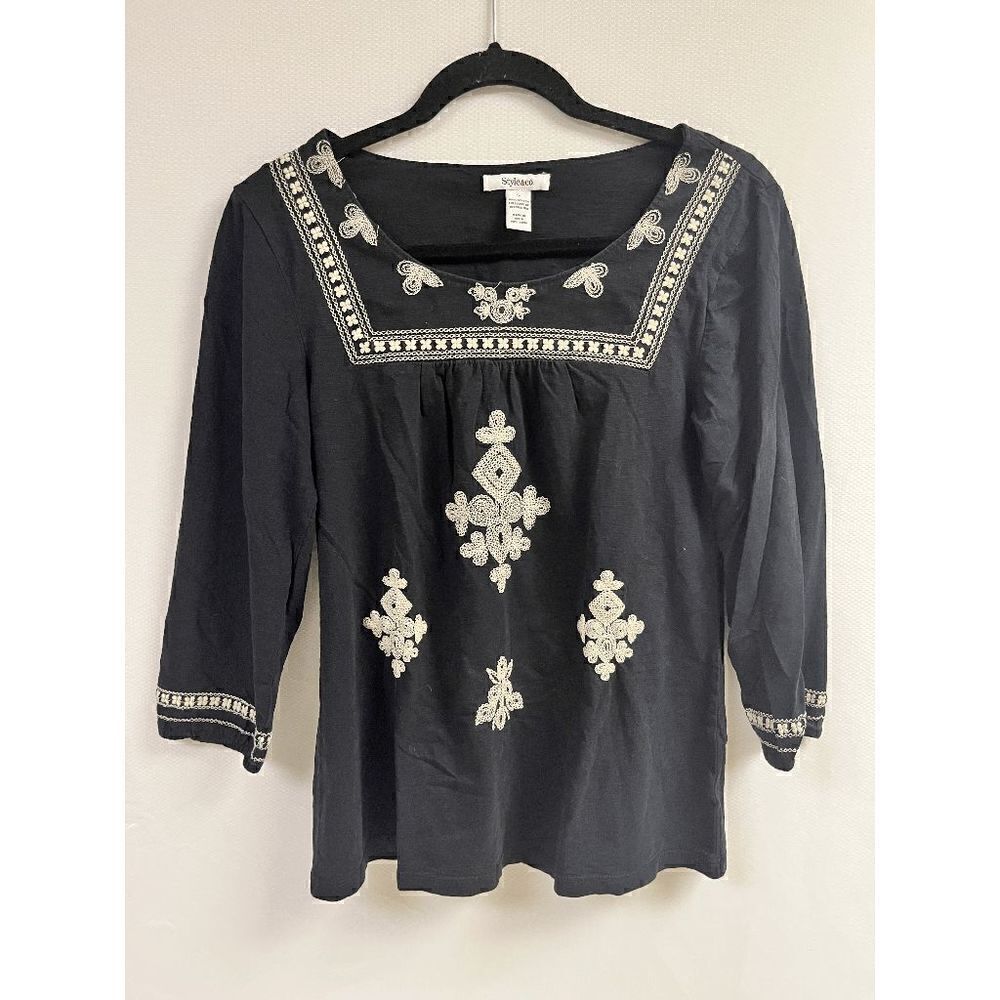 Style & Co Womens Tunic 3/4 Sleeve Blouse Black Size Small 100% Cotton